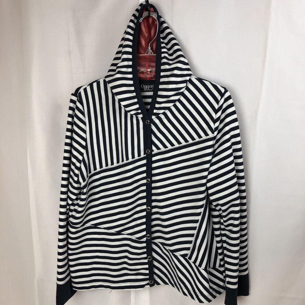 Onque Casual Petite XL Blue, White Snap Up Jacket Coastal Stripe Hoodie